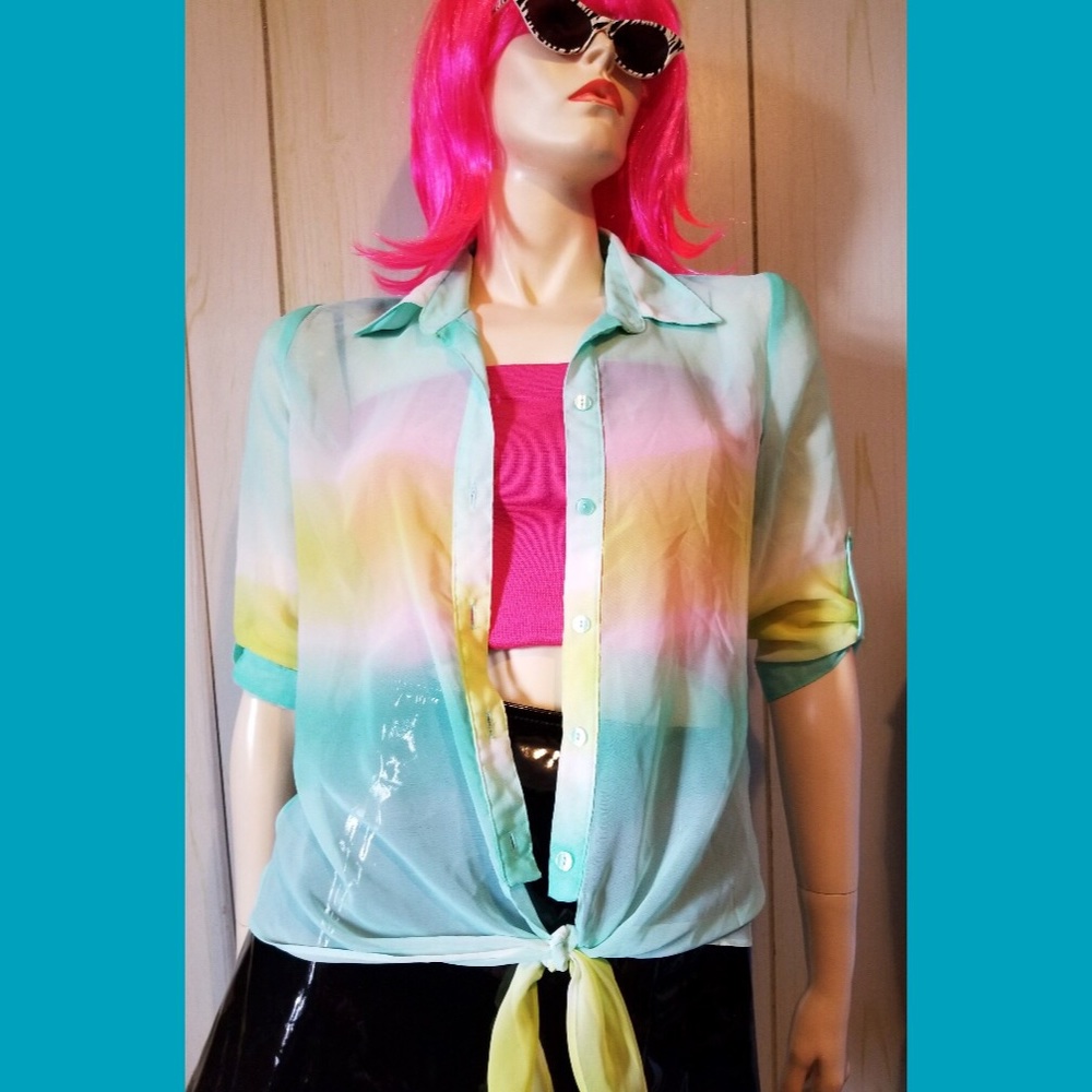 ๐A. BYER Sheer Pastel Rainbow Tie Front Button down Top - Picture 3 of 7